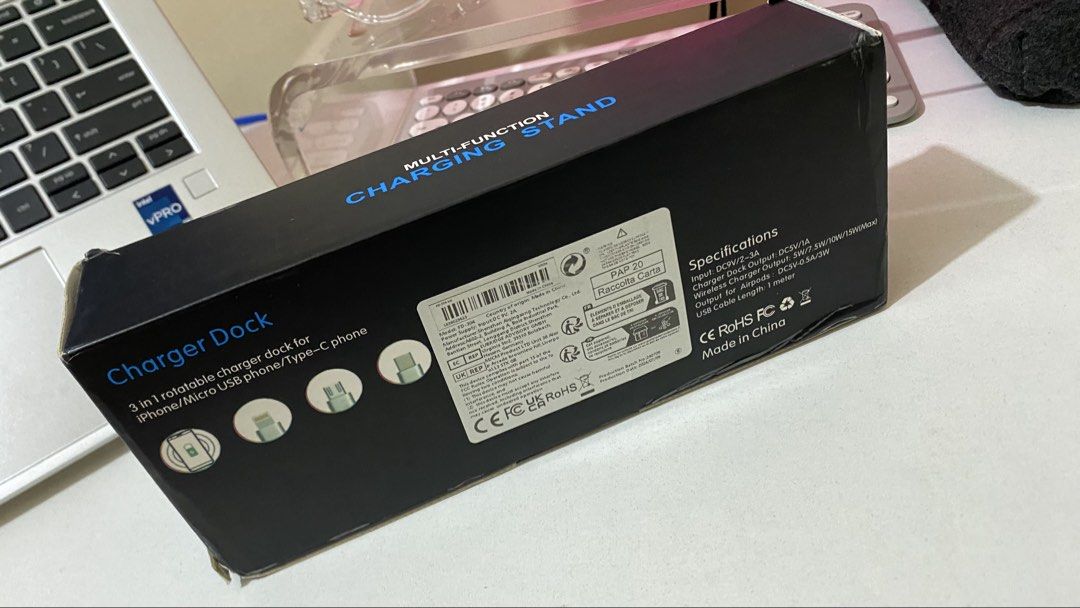 3-in-1 Multi-Function Charging Stand for iPhone, Watch, AirPods (Category: Earphones) located in Rizal. Submitted by gia_12 (Listing ID 1457687645, Image 2). Description: - 3-in-1 Rotatable Charging Stand - Charges iPhone, Apple Watch, and AirPods at the same time - Compatible with iPhone, Micro USB, and Type-C phones - Perfect for organizing your desk - Effortless charging for all your devices.