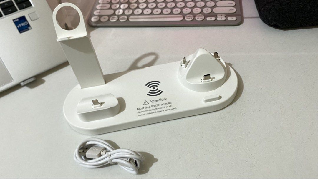 3-in-1 Multi-Function Charging Stand for iPhone, Watch, AirPods (Category: Earphones) located in Rizal. Submitted by gia_12 (Listing ID 1457687645, Image 3). Description: - 3-in-1 Rotatable Charging Stand - Charges iPhone, Apple Watch, and AirPods at the same time - Compatible with iPhone, Micro USB, and Type-C phones - Perfect for organizing your desk - Effortless charging for all your devices.