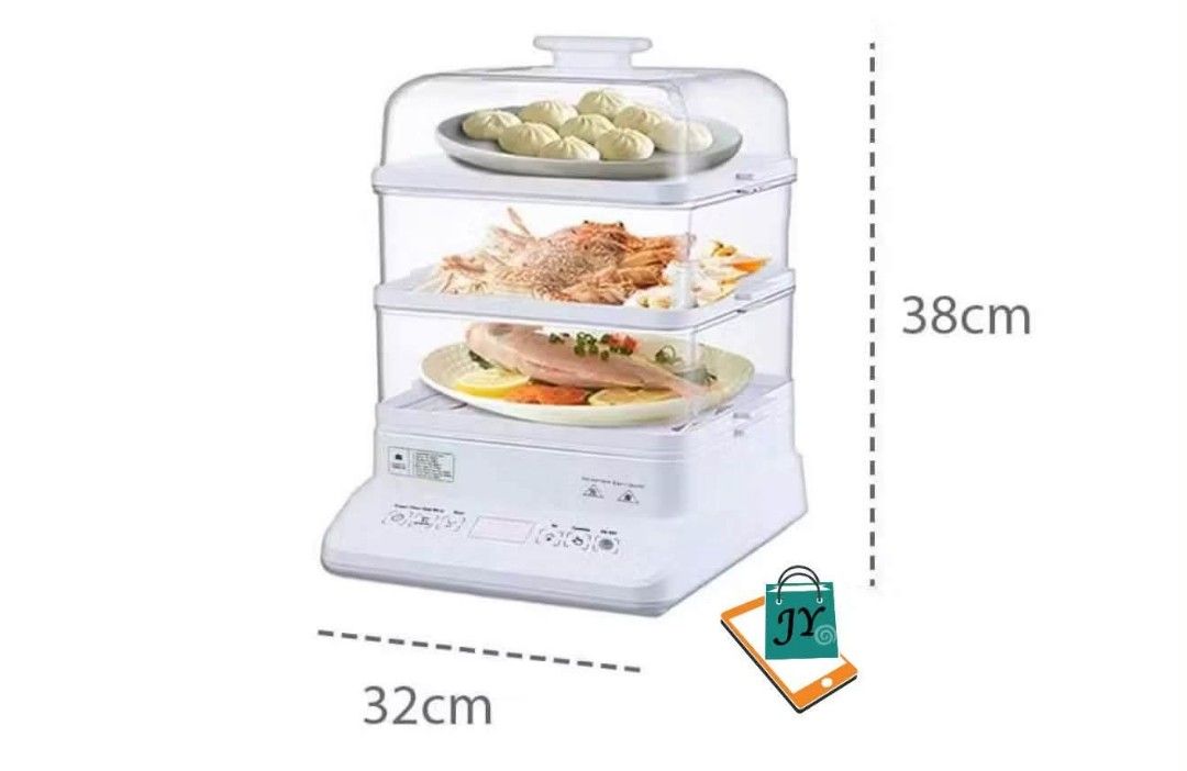 3-Layer Electric Steamer for Food (Category: Cookware & Accessories) located in Manila. Submitted by chaionlineshop (Listing ID 1459012564, Image 3). Description: - 3-layer electric steamer with stackable design - Steam more food simultaneously - Easy-to-use timer settings for seafood, fish, vegetables, dumplings, chicken, etc. - Compact size: 32cm x 38cm - Ideal for preparing healthy steamed meals.