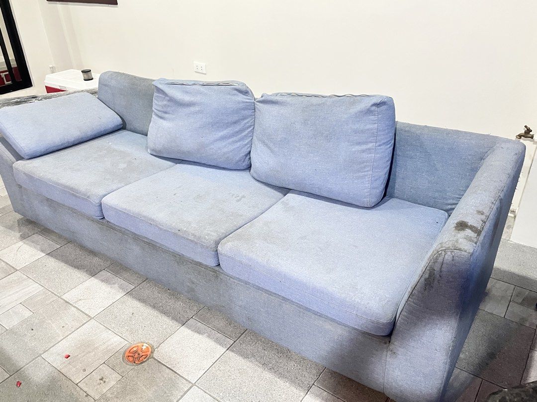 3-Seater Light Blue Fabric Sofa with Cushions (Category: Sofas) located in Marikina City. Submitted by _msdionaldo (Listing ID 1459016982, Image 2). Description: - 3-seater sofa - Light blue fabric - Shows some marks and stains on fabric price negotiable.