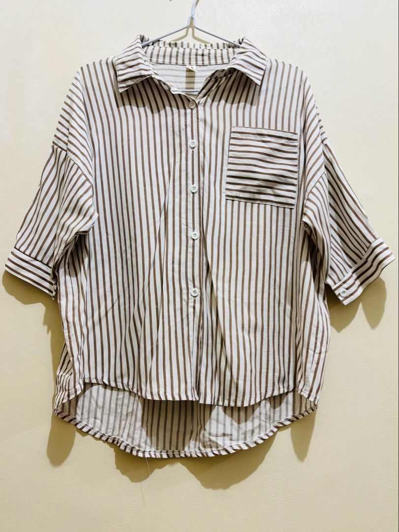 3XL|Brown Striped Polo Blouse (Category: Blouses) located in Bacoor. Submitted by happyfinds_091223 (Listing ID 1458958926, Image 1). Description: Bust: 50" size: 3XL 📍Bacoor, Cavite Can ship via J&T express ✨Please visit my listings for more blouses, tops, and branded pants. 😊.