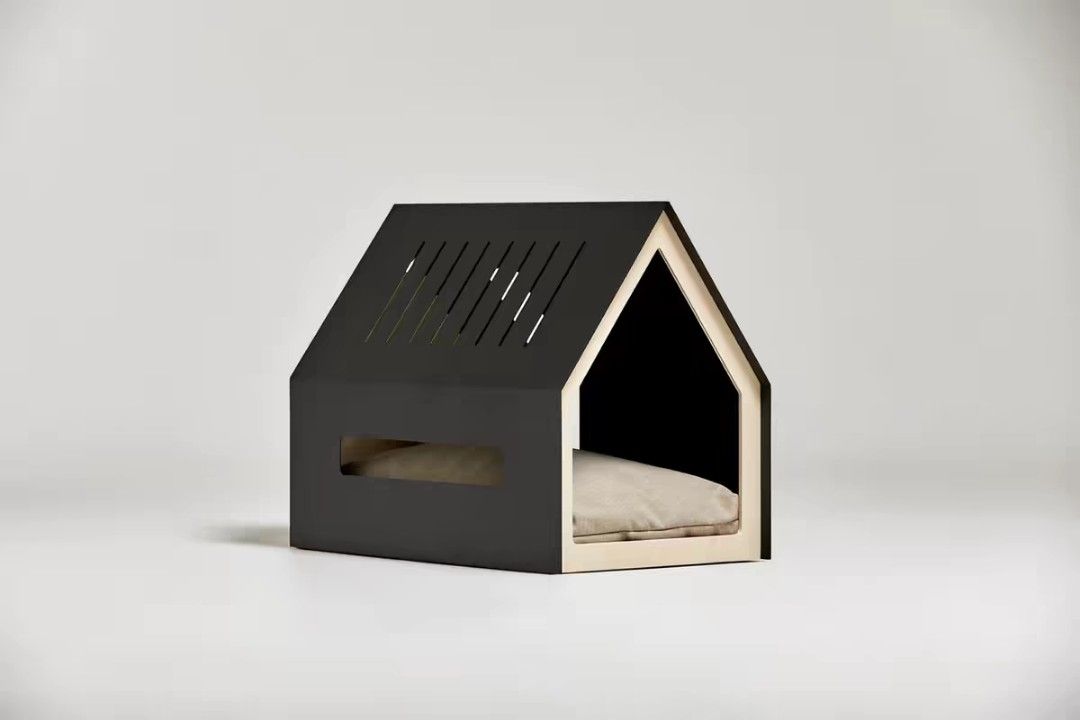 日系簡約狗屋 Modern Minimalist Pet Bed House with Cushion （分類：寵物家品及其他）位於 Hong Kong。 由 w__sell 提交（商品編號 1450105502，圖片 1）。簡介： - Size: W38 x D55D x H55cm - Stylish geometric pet bed - Chic black metal exterior with natural wood trim - Includes a soft, striped cushion - Slotted top for excellent ventilation - Ideal for cats and small dogs - Provides a cozy and modern hideaway。