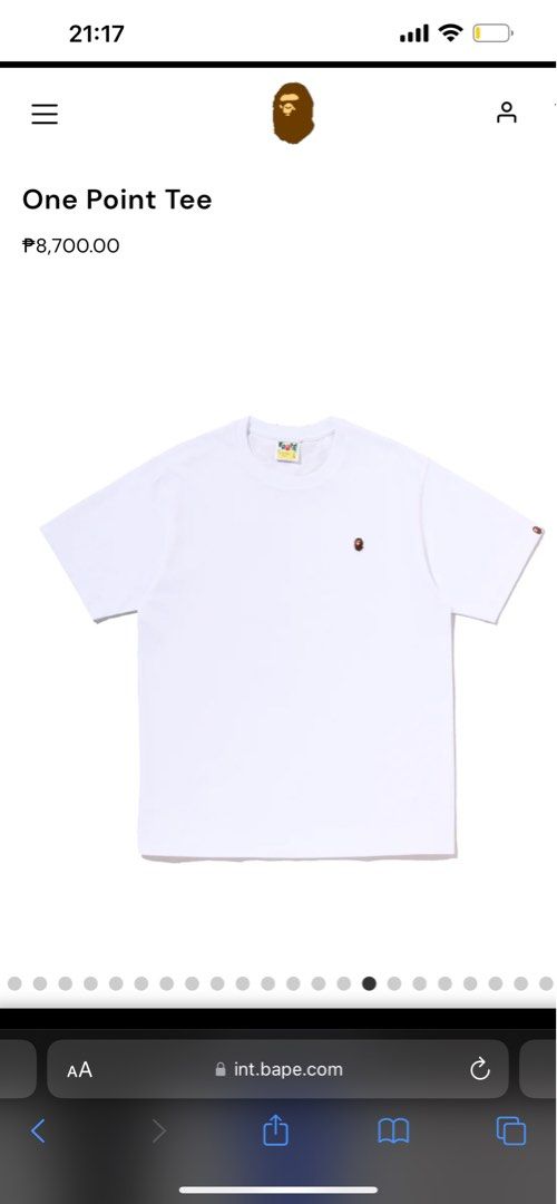 BAPE One Point Tee Size L (Category: Tshirts & Polo Shirts ) located in Quezon City. Submitted by shopsecondfits (Listing ID 1459034623, Image 3). Description: Has yellow stains due to storage SRP: P8700 - White BAPE T-shirt - Features iconic ape head graphic - Comes in original packaging - Size: Large (L) - Ideal for streetwear enthusiasts - A classic piece to add to your collection.