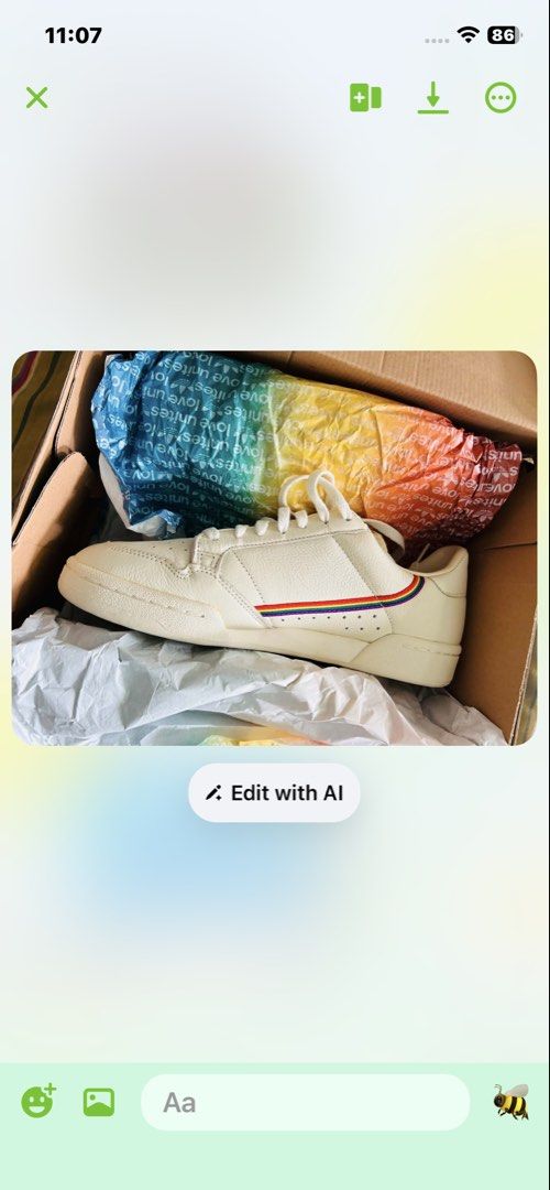 Adidas Continental 80 Pride Rainbow Sneakers (Category: Sneakers) located in Quezon City. Submitted by noblecat.9ea712 (Listing ID 1459005195, Image 1). Description: - Adidas Continental 80 sneakers - Color: Cream with rainbow stripe detail - Includes original box - Features 'love unites' printed tissue paper - Ideal for casual wear.
