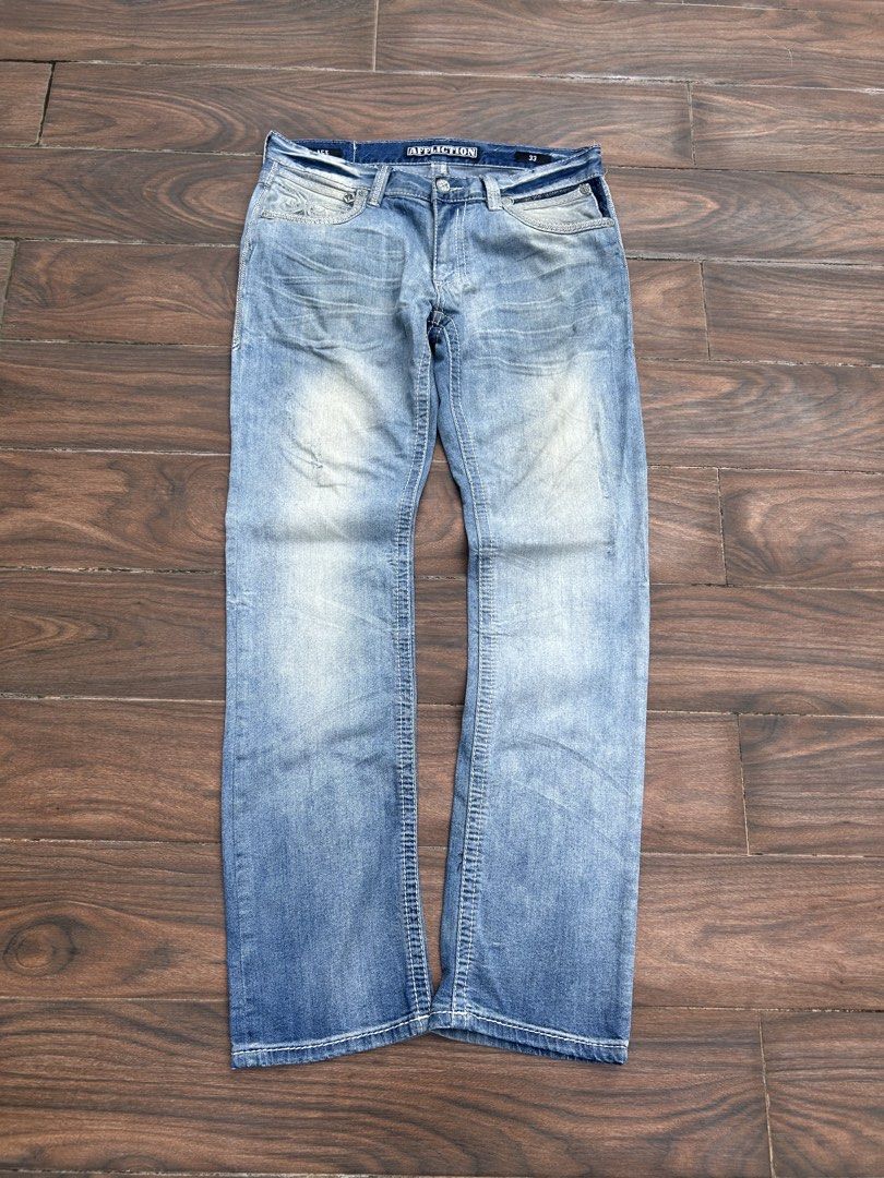 Affliction Ace Y2K Jeans Size 33 on tag (Category: Jeans) located in Calamba. Submitted by draynade (Listing ID 1459053127, Image 2). Description: Affliction Ace Y2K Jeans 33-35width 43Length 8hem Issue: distress, missing design buttons sa back pockets Calamba Laguna loc.