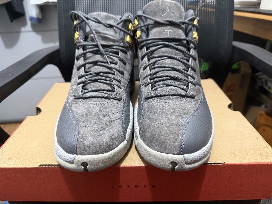 Air Jordan 12 Retro "Grey Suede" (2017) (Category: Sneakers) located in Manila. Submitted by arencajuc26811 (Listing ID 1458939549, Image 1). Description: - Grey suede Air Jordan 12s - Iconic Jumpman logo on the side - "23" branding on the heel - Comes with original box - Size: US 10 - 5k only.
