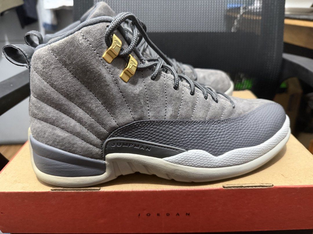 Air Jordan 12 Retro "Grey Suede" (2017) (Category: Sneakers) located in Manila. Submitted by arencajuc26811 (Listing ID 1458939549, Image 3). Description: - Grey suede Air Jordan 12s - Iconic Jumpman logo on the side - "23" branding on the heel - Comes with original box - Size: US 10 - 5k only.
