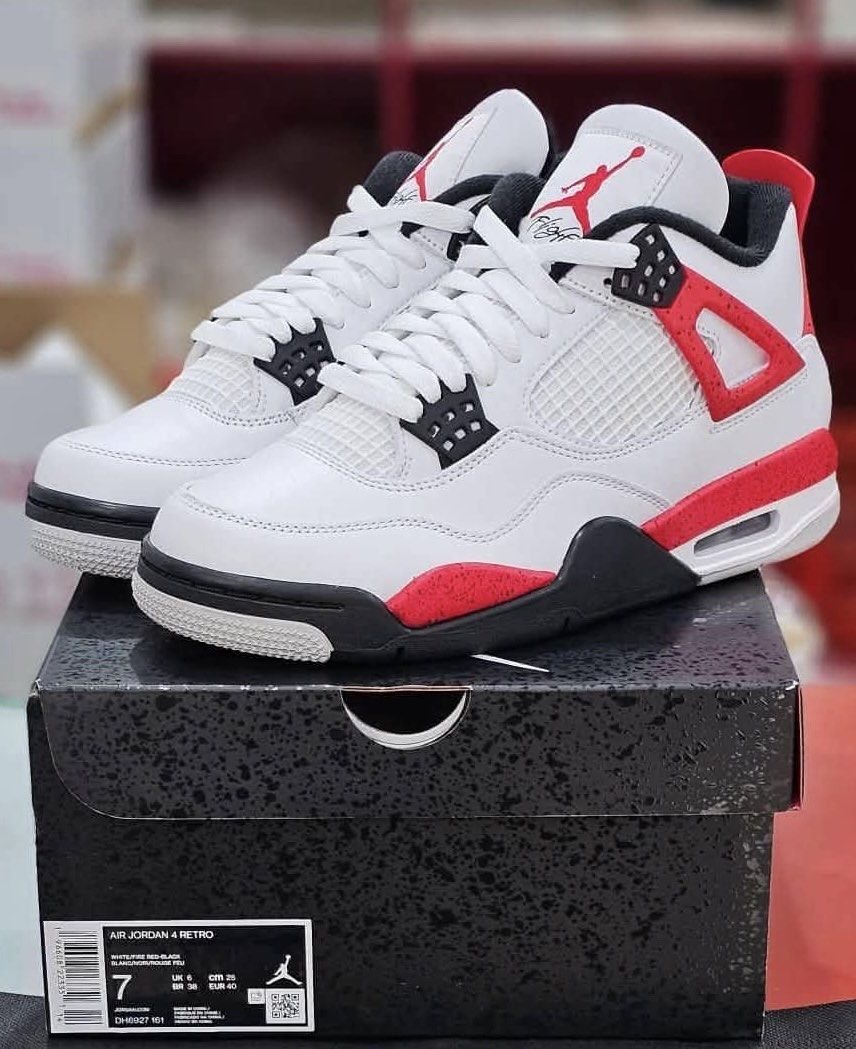 Air Jordan 4 Retro White Fire Red Black (Category: Sneakers) located in Manila. Submitted by declutterwtcami (Listing ID 1459020701, Image 1). Description: - Air Jordan 4 Retro - Colorway: White, Fire Red, Black - Size: UK 6 / US 7 / EUR 40 / CM 25 - Includes Original Box - Perfect for collectors and Jordan enthusiasts.