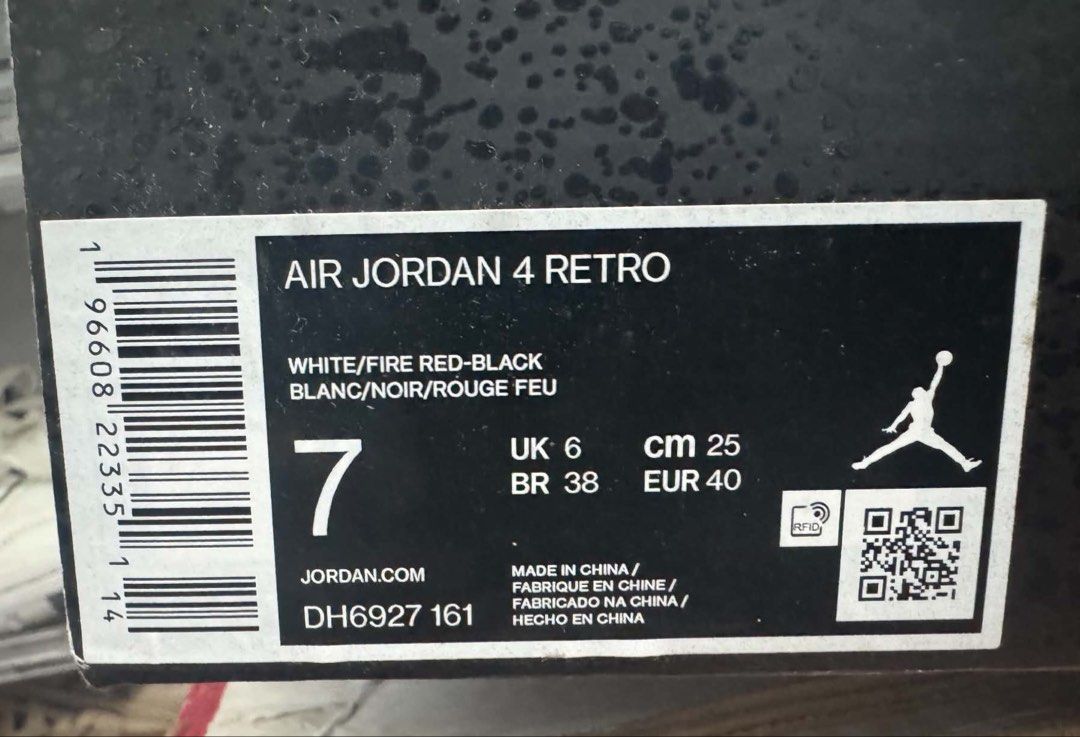 Air Jordan 4 Retro White Fire Red Black (Category: Sneakers) located in Manila. Submitted by declutterwtcami (Listing ID 1459020701, Image 2). Description: - Air Jordan 4 Retro - Colorway: White, Fire Red, Black - Size: UK 6 / US 7 / EUR 40 / CM 25 - Includes Original Box - Perfect for collectors and Jordan enthusiasts.