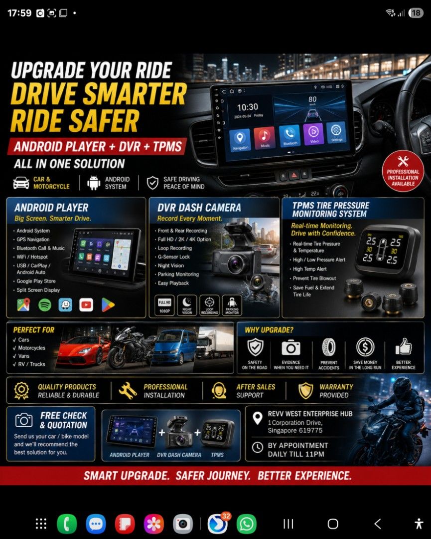 Android player (Category: Navigation & Displays) located in Singapore. Submitted by westhub (Listing ID 1458986922, Image 1). Description: » Spray Paint » Car Wrap » Leather Upholstery » Rim & Tire » Audio & Sound Proofing » Bodykits » and much more The one-stop resource for our customers' automotive and service needs. Got a query? BOOK NOW 📍Address: Revv West Enterprise Hub, 1 Corporation drive Singapore 619775We are by appointments only till 1
