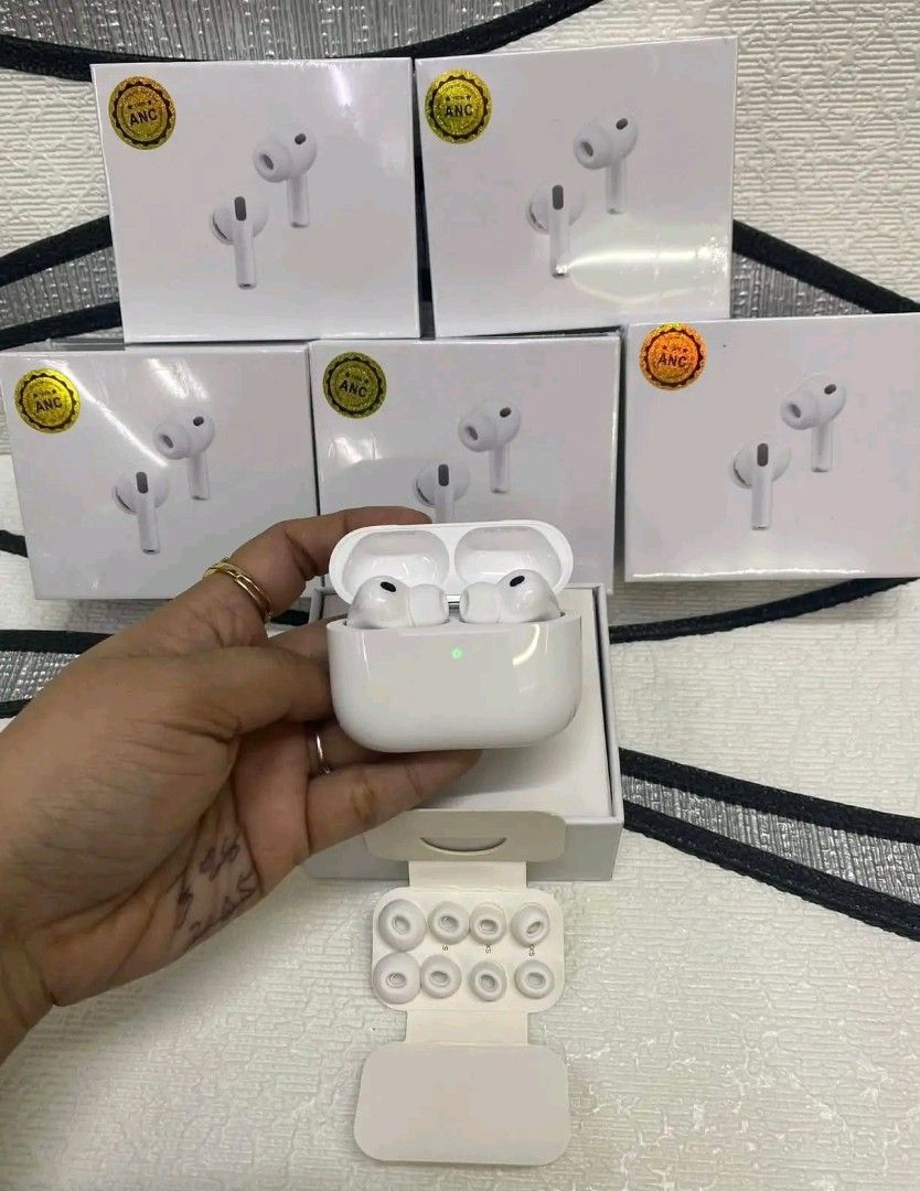 Apple AirPods Pro 2nd Gen with ANC (Category: Earphones) located in Manila. Submitted by marvieobordo (Listing ID 1458902603, Image 3). Description: - AirPods Pro (2nd Generation) - Active Noise Cancellation - Includes charging case and charging cable - Multiple ear tip sizes (XXS, XS, S, M, L) - Designed by Apple in California.