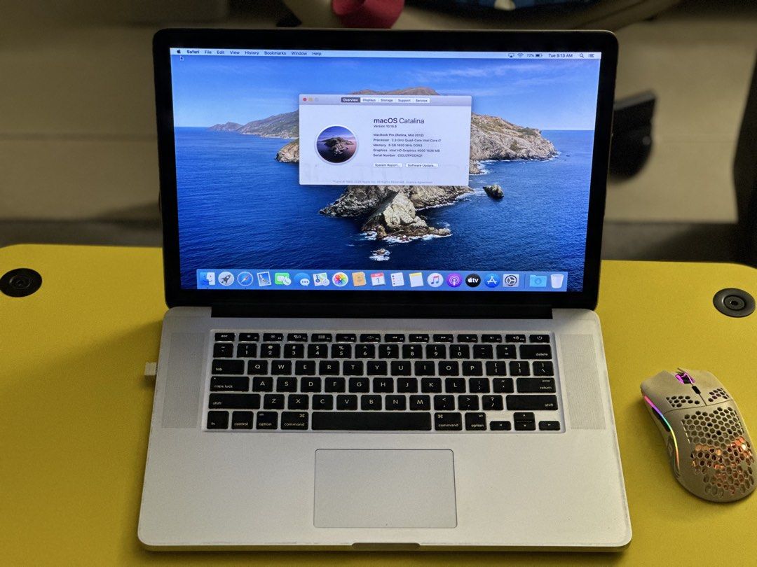 Apple MacBook Pro Retina 15inch Mid 2012 (Category: Laptops & Notebooks) located in Quezon. Submitted by capt.mp (Listing ID 1459022569, Image 1). Description: Defects: Speaker mumbling sound Trackpad working but the mouse-click-trackpad working Signs of tears on the ruber gaurds. Comes with charger original Rest fully functioning all ports - MacBook Pro (Retina, Mid 2012) - macOS Catalina installed - Intel Core i7 Processor - 8 GB RAM - 256 GB S