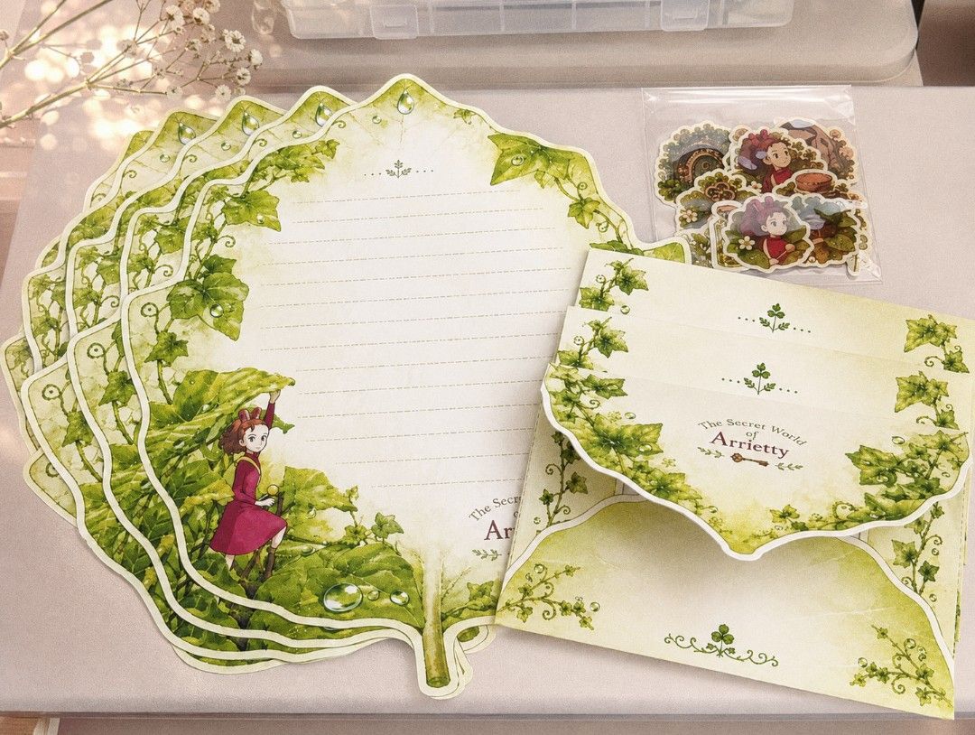 Arrietty Inspired Letter Set (Category: Stationery & School Supplies) located in Mandaluyong City. Submitted by ohnapau (Listing ID 1458995165, Image 1). Description: The Secret World of Arrietty Inspired Stationery Set 🍃💌 Add a little magic to your letters with this whimsical botanical stationery set! 🌱✨ Perfect for pen pals, journaling, handwritten letters, scrapbooking, or stationery collectors. 🌿 What’s included: • Leaf-shaped writing she