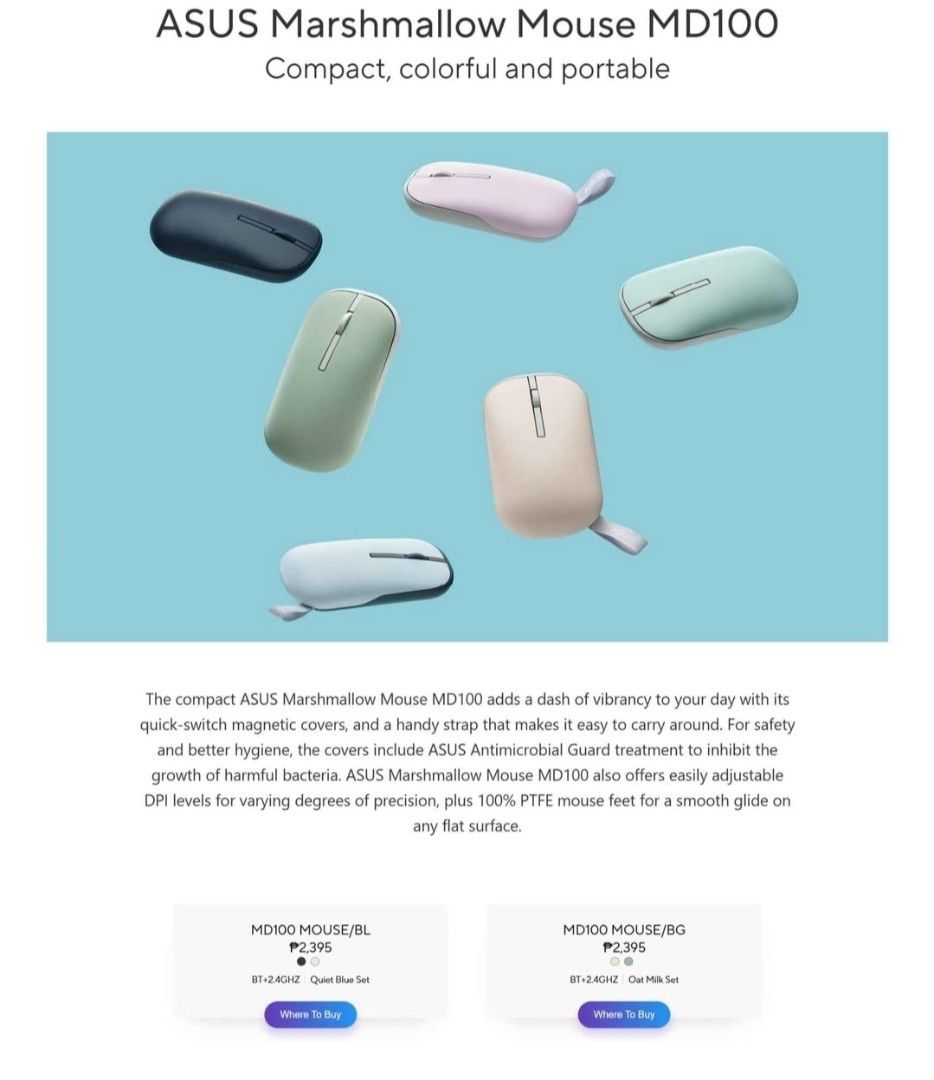 ASUS Marshmallow Mouse MD100 (Brand New) (Category: Mouse & Mousepads) located in Mandaluyong City. Submitted by ae.niceguy (Listing ID 1458920902, Image 3). Description: For Sale Brand New Asus Marshmallow Wireless Mouse Model MD100 SRP: ₱2,300 Selling: ₱1,500 Replaceable top cover (Blue) - ASUS Marshmallow Mouse MD100 - Portable and wireless design - Silent clicks for distraction-free use - Bluetooth connectivity - Includes a convenient carryin