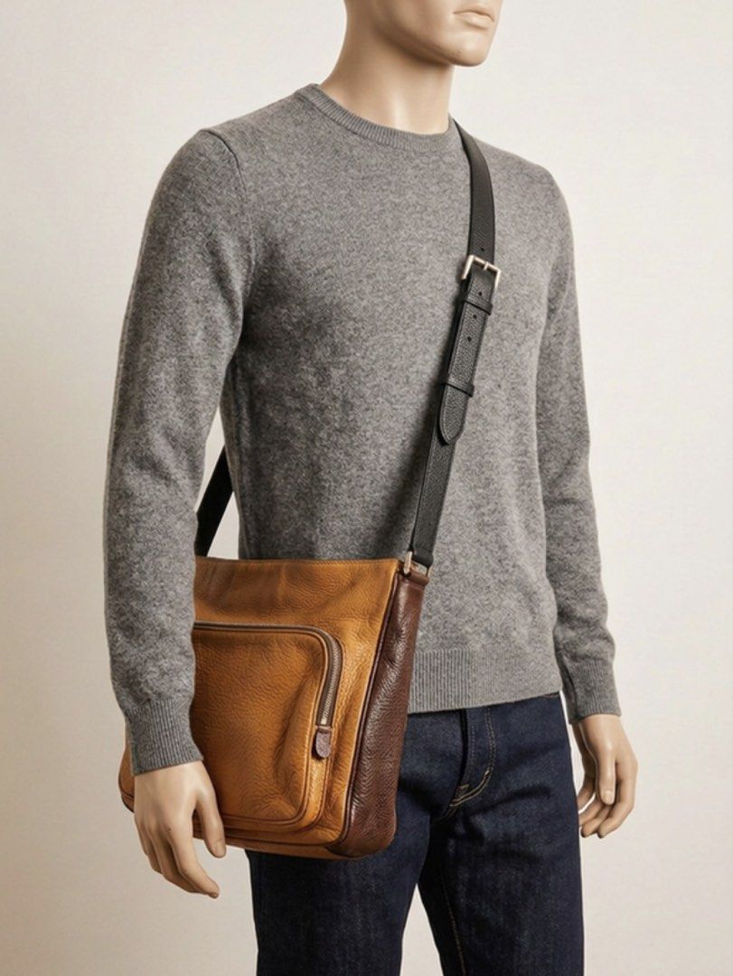 Auth Prada men’s bag (Category: Luxury Bags & Wallets) located in Caloocan City. Submitted by siftedthriftedph (Listing ID 1458945053, Image 2). Description: P.R.A.D.A Men Vitello Daino | Caffe + Caramel - This Prada men’s sling bag is crafted from the signature luxury leather, Vitello Daino in a two-tone caffe and caramel colorway. - Structured yet slouchy messenger style with an adjustable leather shoulder strap. - Large front zippered pocket f