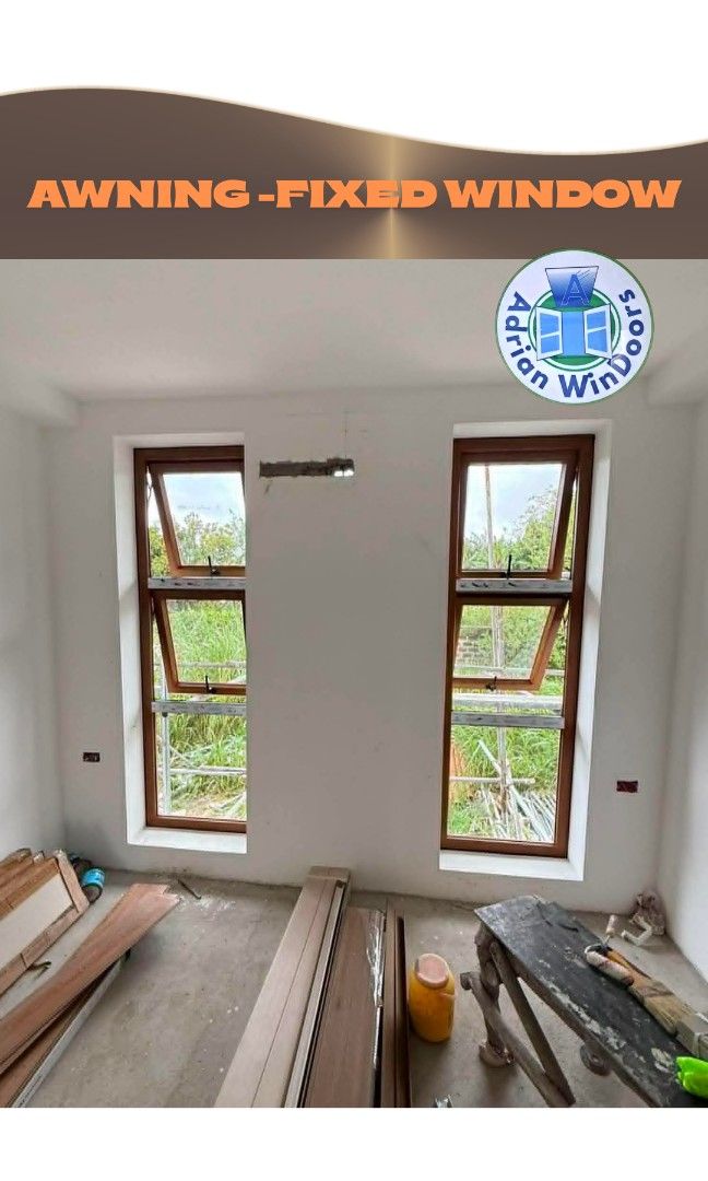 Awning with Fixed Window Design (Category: Other Home Furniture) located in Quezon City. Submitted by adrian_windoors (Listing ID 1458959348, Image 3). Description: uPVC Golden Oak Awning with Fixed Window Design.