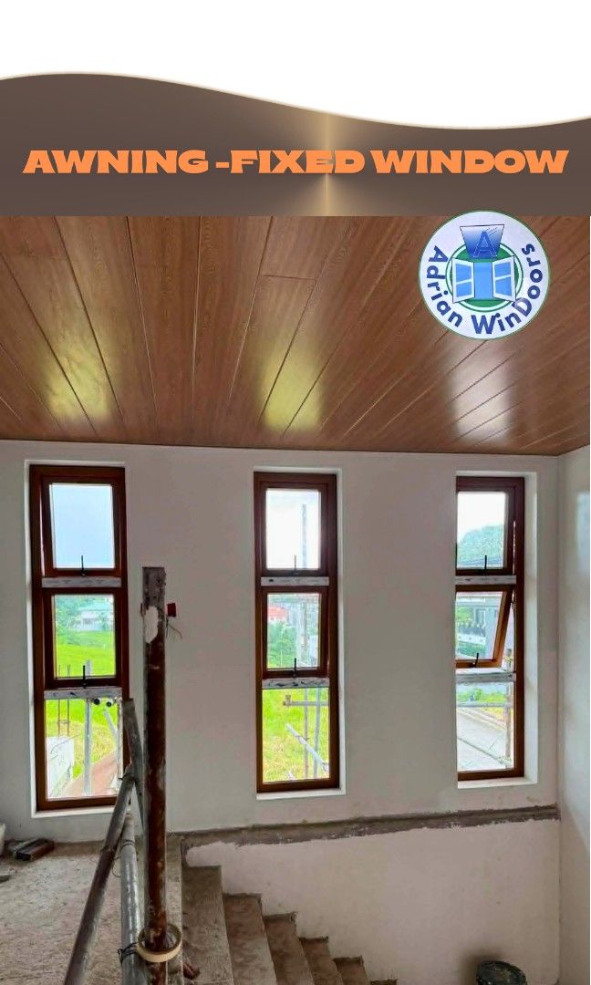 Awning with Fixed Window Design (Category: Other Home Furniture) located in Quezon City. Submitted by adrian_windoors (Listing ID 1458959348, Image 2). Description: uPVC Golden Oak Awning with Fixed Window Design.