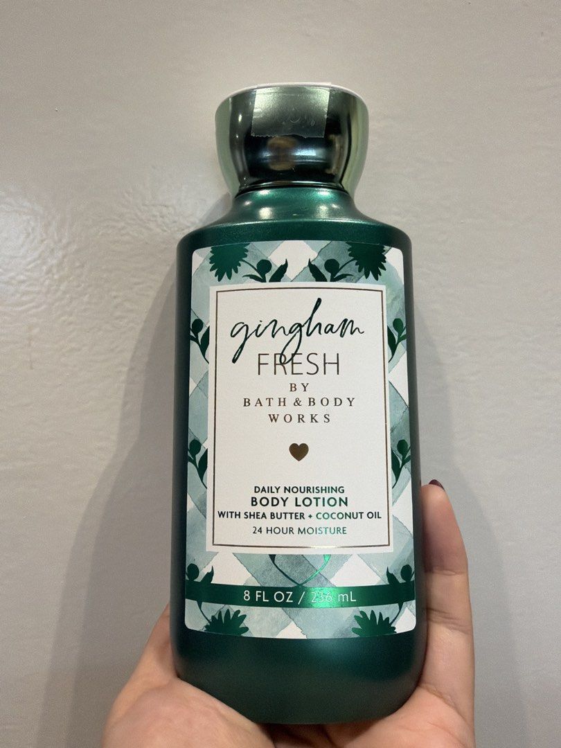 Bath & Body Works Gingham Fresh Body Lotion 8oz (Category: Body Care) located in Makati City. Submitted by closetone (Listing ID 1459015425, Image 1). Description: - Brand: Bath & Body Works - Scent: Gingham Fresh (Sparkling Pear, Clementine, Fresh Daisy) - Benefit: 24-hour moisture - Key Ingredients: Shea Butter, Coconut Oil - Formula: Lightweight, absorbs quickly - Sustainability: Bottle made with recycled plastic.