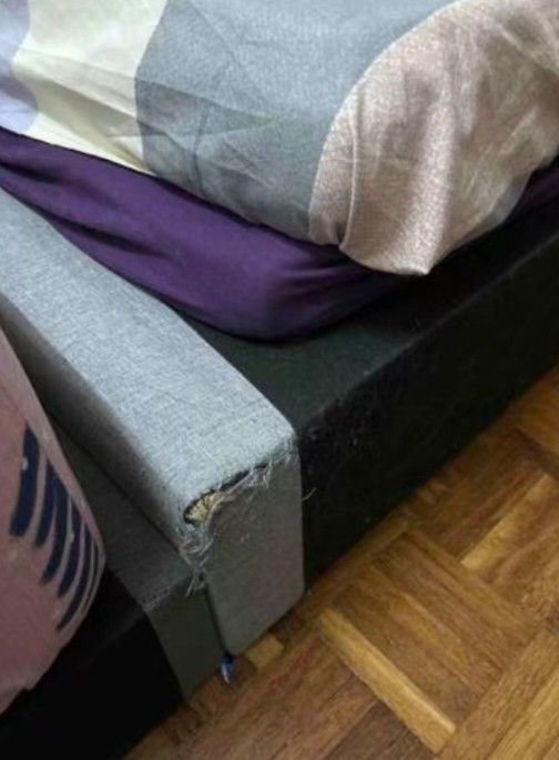 Bed Frame (Category: Bed Frames & Mattresses) located in Kuala Lumpur. Submitted by xlingfoo (Listing ID 1459020013, Image 2). Description: Condition: 85% Only have one corner has small defects, others ok.