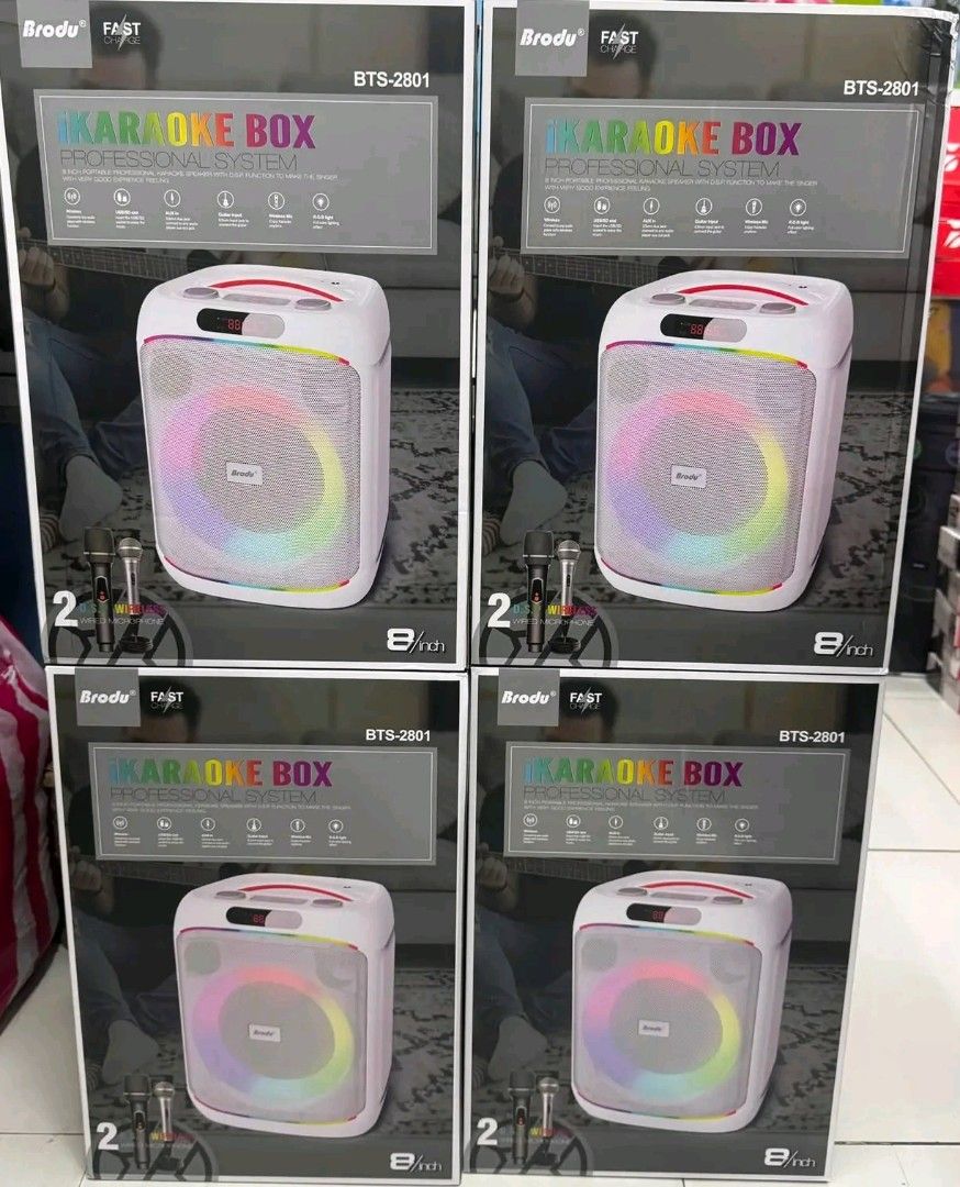 Brody FAST BTS-2801 Karaoke Box Professional System Speaker (Category: Soundbars, Speakers & Amplifiers) located in Manila. Submitted by marvieobordo (Listing ID 1458900995, Image 1). Description: - Brody FAST BTS-2801 Karaoke Speaker - 8-inch speaker with vibrant LED lights - Includes 2 wired microphones - Ideal for parties and singing sessions - User-friendly controls - Portable design with a convenient handle.