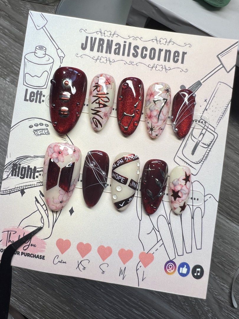 BTS ARIRANG NAILS (Category: Hands & Nails) located in Manila. Submitted by nailtipsbyjvr (Listing ID 1459015777, Image 2). Description: 🍀Hand Made and Re-usable 🍀All shape and size are available 🍀Custom design 🍀With Inclusion Kit -Nail Tape -Nail Glue -Nail File -Cuticle pusher -Alcohol Pads -Instruction Guide 💌 DM FOR ORDERS 😉.