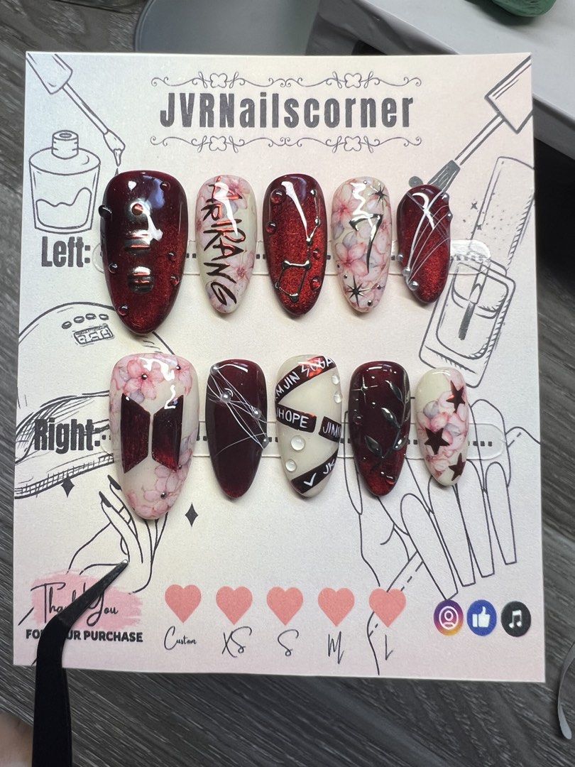 BTS ARIRANG NAILS (Category: Hands & Nails) located in Manila. Submitted by nailtipsbyjvr (Listing ID 1459015777, Image 1). Description: 🍀Hand Made and Re-usable 🍀All shape and size are available 🍀Custom design 🍀With Inclusion Kit -Nail Tape -Nail Glue -Nail File -Cuticle pusher -Alcohol Pads -Instruction Guide 💌 DM FOR ORDERS 😉.