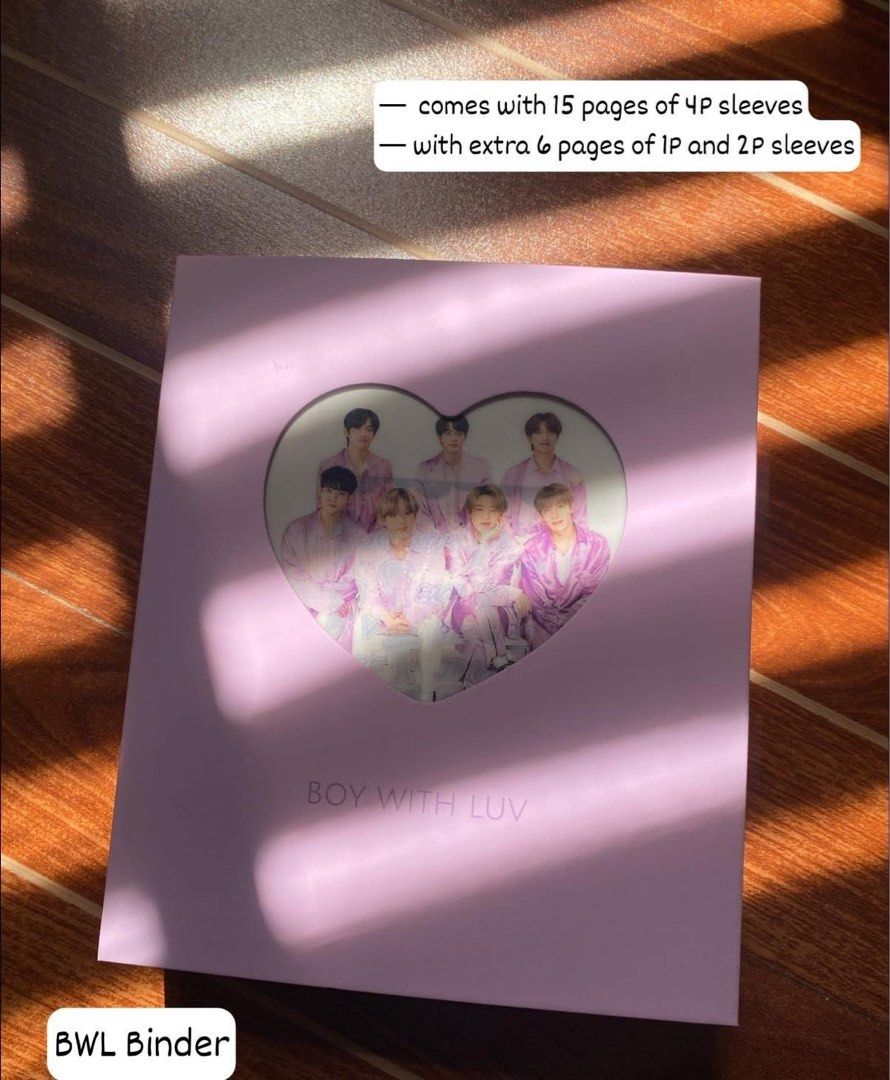 BTS "Boy With Luv" Binder with Sleeves (Category: K-Wave Merchandise) located in Caloocan City. Submitted by annabethh_029 (Listing ID 1458901513, Image 1). Description: - BTS 'Boy With Luv' Themed Binder - Ideal for organizing photocards - Includes 15 pages of 4-pocket sleeves - Comes with an additional 6 pages: 3 pages of 1-pocket sleeves and 3 pages of 2-pocket sleeves - Keep your collection safe and tidy!.