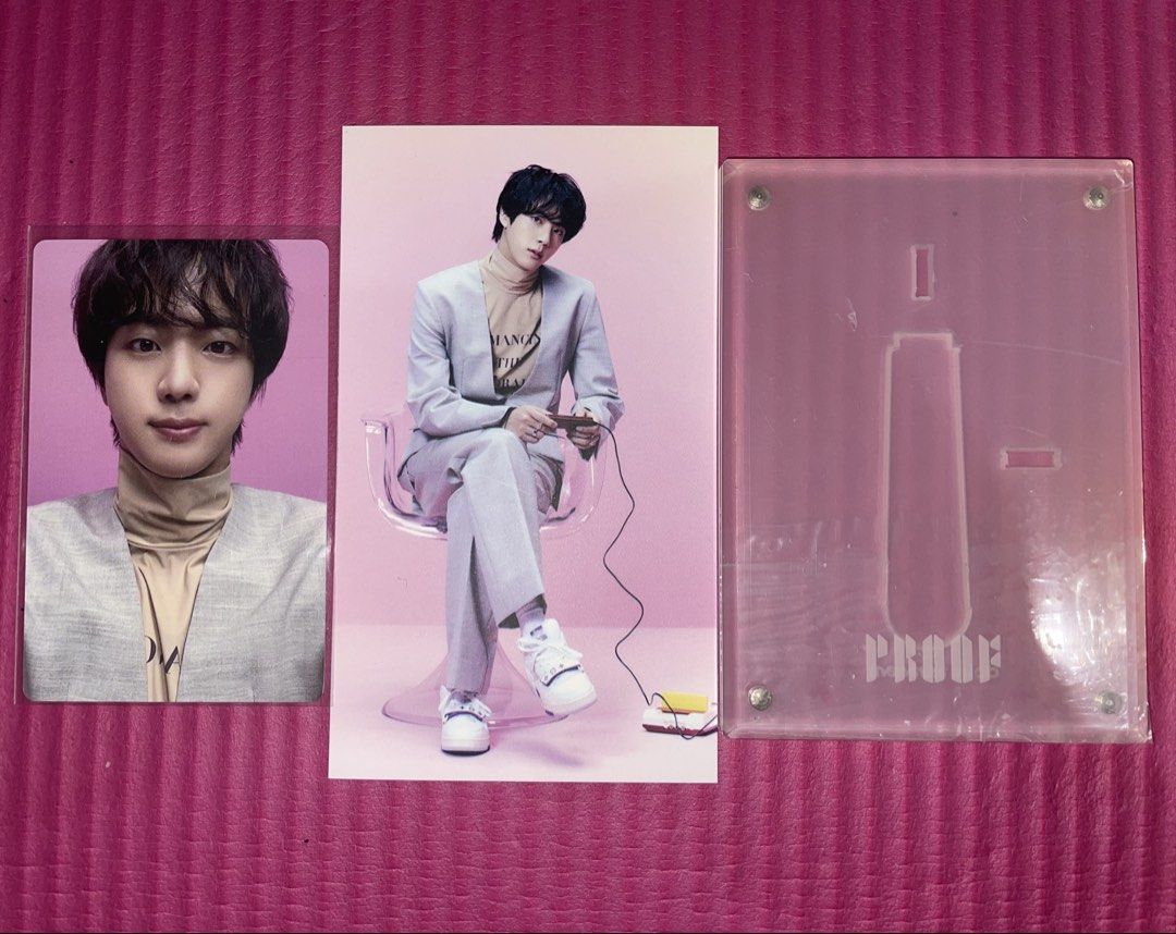 BTS Jin Proof Photocards and Acrylic Stand (Category: K-Wave Merchandise) located in Baliuag. Submitted by ambiandragy (Listing ID 1458936515, Image 1). Description: - Official BTS Jin photocards from the Proof Collectors Edition album - Set includes a close-up photocard and a full-body shot - Comes with the official Proof album acrylic stand - Authentic and great for any ARMY's collection.
