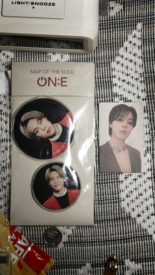 BTS Map of the Soul ON:E Badges Set, Muse PC (Category: K-Wave Merchandise) located in Cabanatuan. Submitted by eiffin06 (Listing ID 1458909559, Image 1). Description: - Authentic BTS Map of the Soul ON:E merchandise featuring Jimin - Set includes: 2 round photo badges and 1 photocard. - All items are in their original, unsealed packaging. .