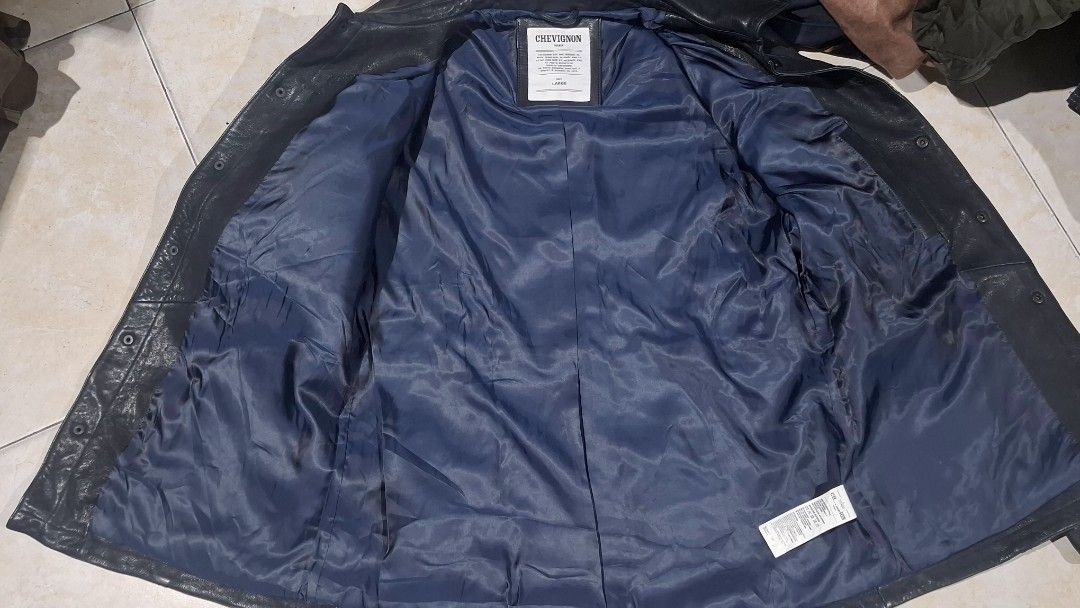 Chevignon leather jacket (Category: Coats, Jackets and Outerwear) located in Baguio. Submitted by thriftrot (Listing ID 1458998392, Image 3). Description: Chevignon leather jacket Thick lamb leather Excellent No issue Best fits medium snap button Size and dimes on photos Loc. Baguio Add shipping fee 2,800 pesos.