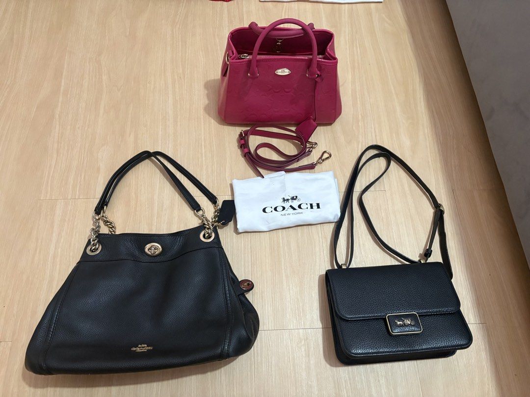 COACH BUNDLES ALL ORIGINAL (Category: Luxury Bags & Wallets) located in Manila. Submitted by catherinec05859 (Listing ID 1458959254, Image 1). Description: - Authentic Coach Pink Top-Handle Bag: Features embossed logo. - Authentic Coach Large Black Pebbled Leather Shoulder Bag: Stylish chain detail. - Authentic Coach Small Black Crossbody Bag: Chic flap closure. - Dust bag included for one of the bags..