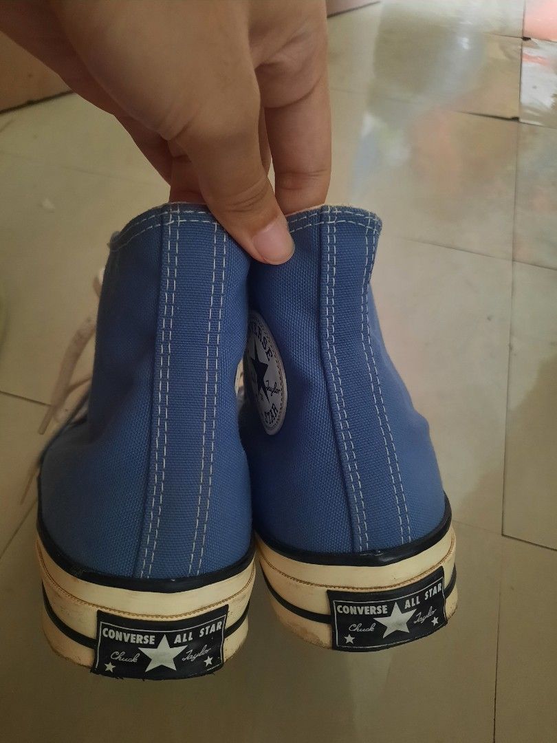 Converse Chuck 70 High Top Sneakers (Category: Sneakers) located in Calamba. Submitted by chio_ma022 (Listing ID 1458919737, Image 2). Description: AUTHENTIC Chuck 70's !! Color - University Blue, off-white midsole/ laces Condition - 9.5/ 10 Size - Presented in the 3rd image Condition - Lighty Used, Normal light signs of wear on the bottom soles * No Box/ Will package securely Reason for selling (RSF): Decluttering/ and too big for my size (Need 