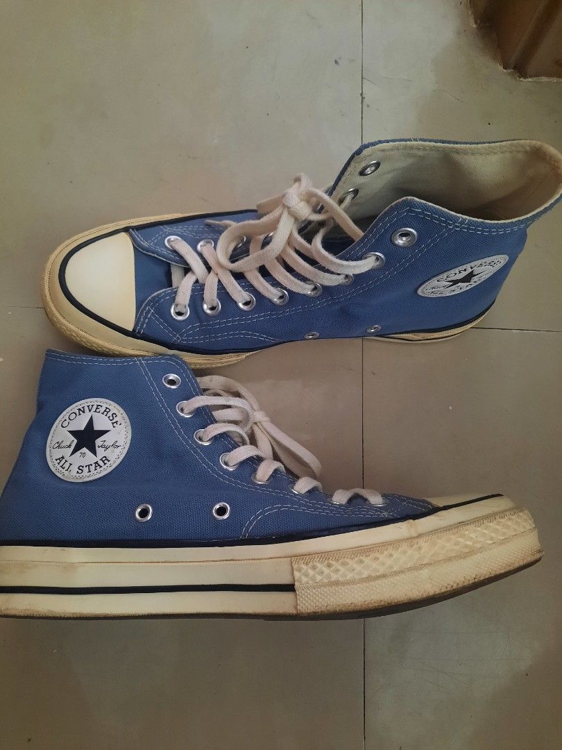 Converse Chuck 70 High Top Sneakers (Category: Sneakers) located in Calamba. Submitted by chio_ma022 (Listing ID 1458919737, Image 1). Description: AUTHENTIC Chuck 70's !! Color - University Blue, off-white midsole/ laces Condition - 9.5/ 10 Size - Presented in the 3rd image Condition - Lighty Used, Normal light signs of wear on the bottom soles * No Box/ Will package securely Reason for selling (RSF): Decluttering/ and too big for my size (Need 
