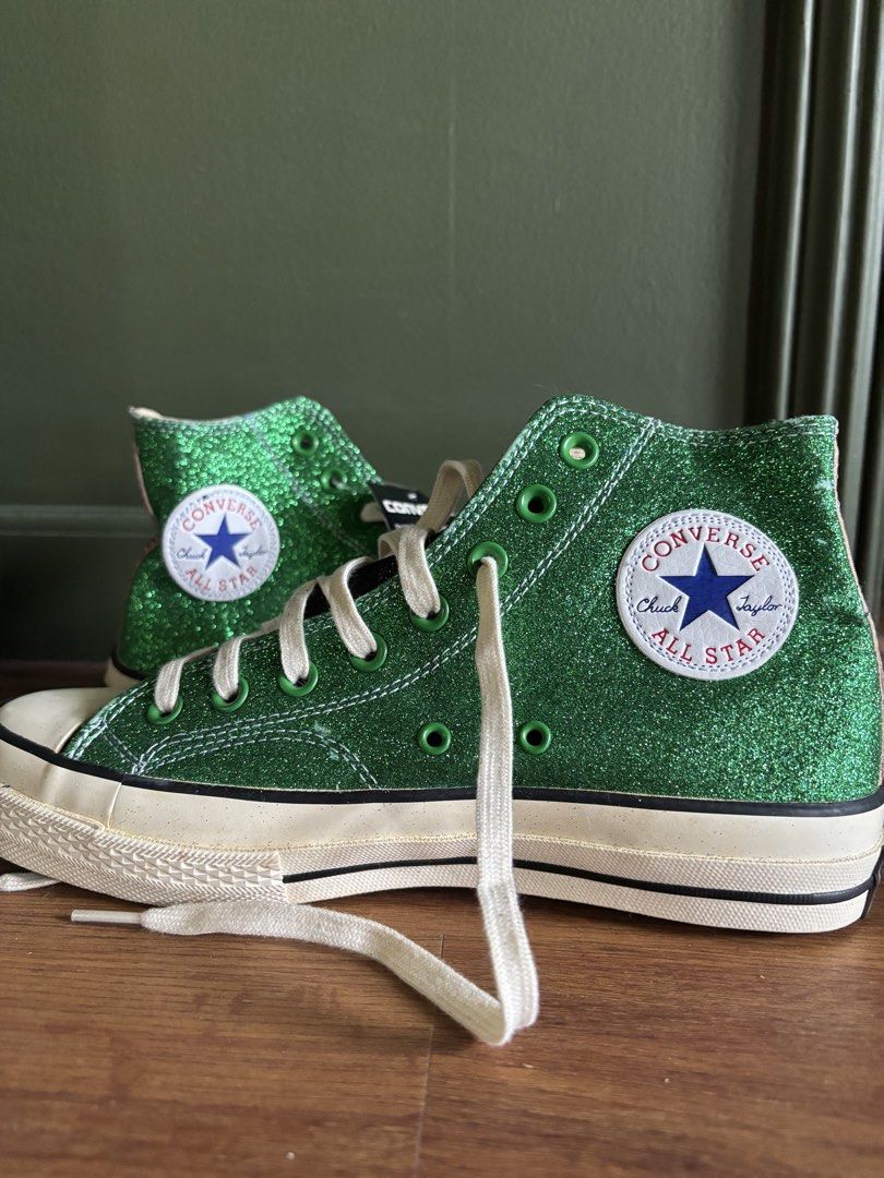 Converse x JW Anderson Glitter Sneakers (Category: Sneakers) located in Cainta. Submitted by doverparfum (Listing ID 1459001969, Image 2). Description: - Sparkly Converse high tops - JW Anderson collaboration - Glittery blue and green design - Red accents on the heel - Classic Chuck Taylor style - Size 9 Men's / 40 EU Pls note this is MPO.