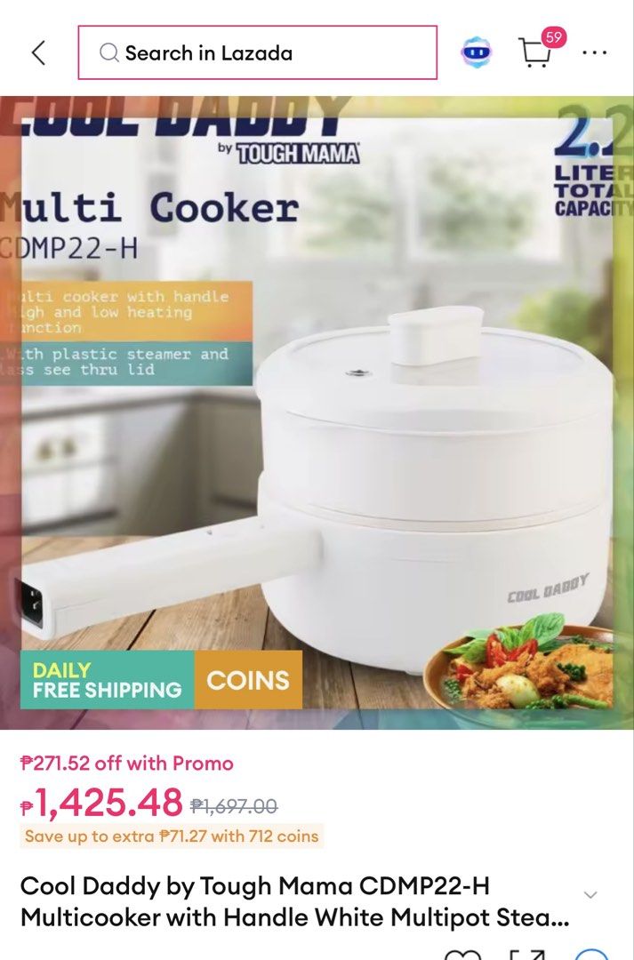 Cool Daddy Multi Cooker by Tough Mama CDMP22-H 2.2L (Category: Cookers) located in Las Pinas. Submitted by vanethneth (Listing ID 1459001021, Image 3). Description: - Tough Mama Cool Daddy Multi Cooker (Model CDMP22-H) - Generous 2.2 Liter total capacity - Versatile High and Low heating functions - Comes with a convenient plastic steamer - Features a see-thru glass lid for easy monitoring - Rated Voltage: 230V a.c. - Rated Power: 700 Watts - Freq