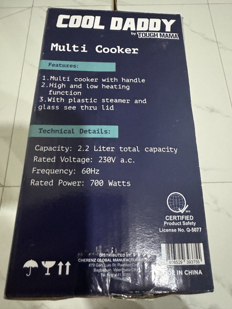 Cool Daddy Multi Cooker by Tough Mama CDMP22-H 2.2L (Category: Cookers) located in Las Pinas. Submitted by vanethneth (Listing ID 1459001021, Image 2). Description: - Tough Mama Cool Daddy Multi Cooker (Model CDMP22-H) - Generous 2.2 Liter total capacity - Versatile High and Low heating functions - Comes with a convenient plastic steamer - Features a see-thru glass lid for easy monitoring - Rated Voltage: 230V a.c. - Rated Power: 700 Watts - Freq