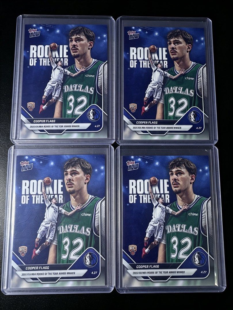 Cooper Flagg (Category: Raw Cards) located in Singapore. Submitted by hiddenrare (Listing ID 1458996708, Image 1). Description: - 4 Cooper Flagg Topps Now cards - Features the 2026 Kia NBA Rookie of the Year award winner - All cards are in protective sleeves - Ideal for basketball card collectors $15each Mailing +$3.50.