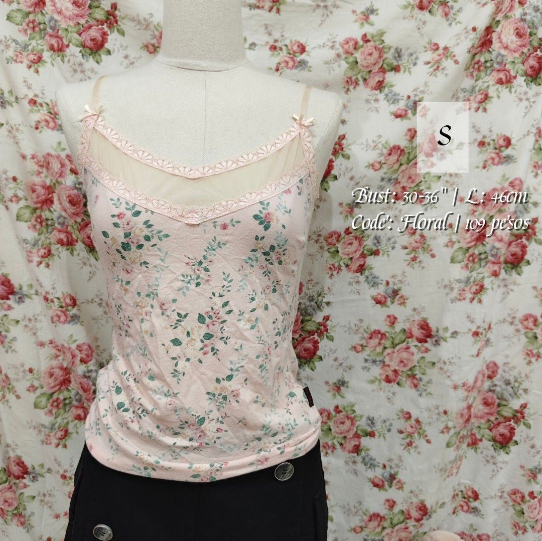 Coquette Floral Camisole Top (Category: Others Tops) located in Cabanatuan. Submitted by curated_cozy (Listing ID 1459019811, Image 1). Description: Thrifted! Size: S Bust: 30-36" Length: 46cm -Lightly Washed -Payment thru Gcash, Gotyme, MariBank -Shipping via J&T -Buyer shoulders Shipping Fee ‼️No Rush Order‼️ [SKU: Mixed Top].