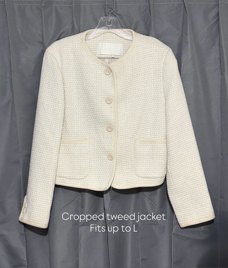 Cream Cropped Tweed Jacket (Category: Coats, Jackets and Outerwear) located in Pasay City. Submitted by janatrisha (Listing ID 1458965585, Image 1). Description: Cream cropped tweed jacket - Round neckline with button closure - Textured button finish - Lined interior Size: fits up to Large Delivery c/o buyer.