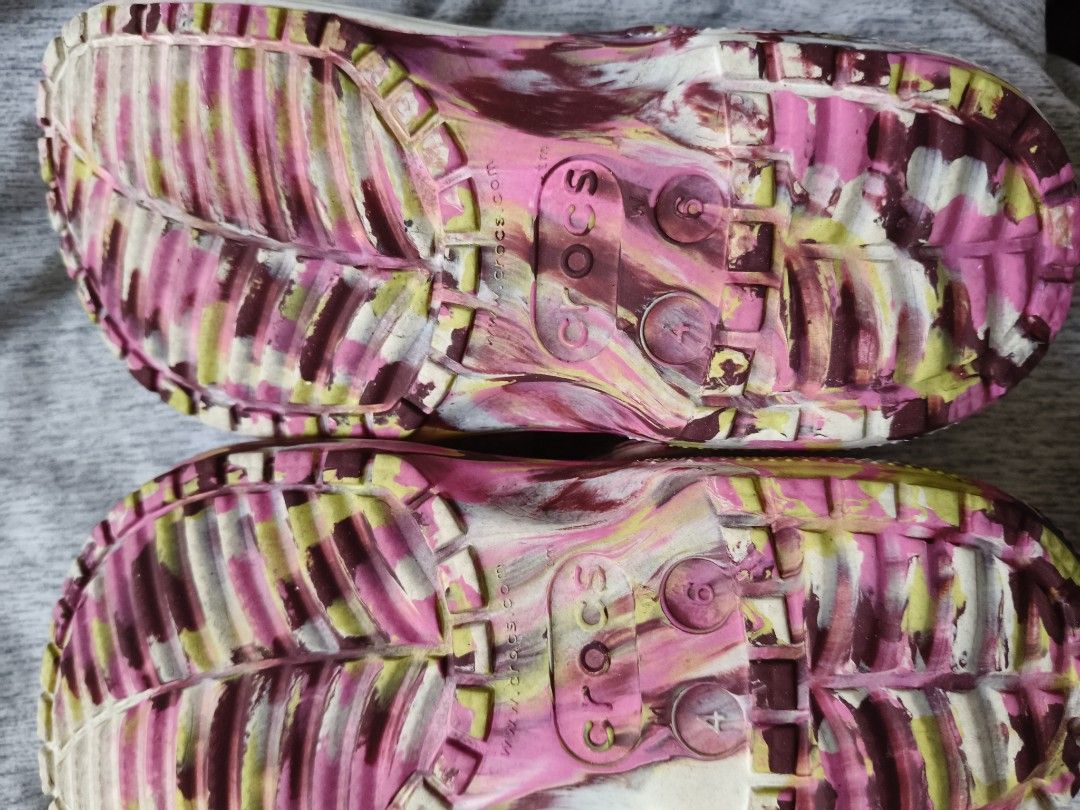 orig.crocs Classic Tie-Dye Clogs Pink Yellow Brown (Category: Slippers and slides) located in Marikina City. Submitted by lorence11 (Listing ID 1458968198, Image 3). Description: - Fun tie-dye Crocs clogs - Pink, yellow, and brown swirl pattern - Translucent pink exterior - Easy slip-on and off design - Ideal for casual wear or around the house.
