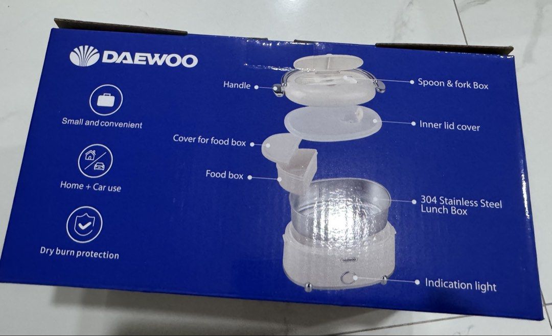 DAEWOO 1.2L Portable Electric Lunch Box (Category: Food Organization & Storage) located in Las Pinas. Submitted by vanethneth (Listing ID 1458999785, Image 2). Description: - DAEWOO Portable Electric Lunch Box - 1.2L Capacity - Made with 304 Stainless Steel - Compact and convenient for home or car use - Features dry burn protection for safety - Includes a spoon and fork box - Indicator light shows when it’s in operation.
