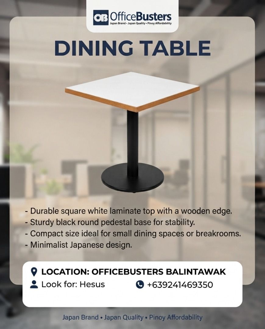 Dining Table (Category: Tables & Sets) located in Valenzuela. Submitted by jesspesongco (Listing ID 1458941082, Image 1). Description: DINING TABLE BRAND: JAPAN SIZE: L75cm W75cm H70cm PRICE: 5,500 📍 LOCATION: OFFICEBUSTERS BALINTAWAK 👤 Look for: Hesus 📞 +639241469350.