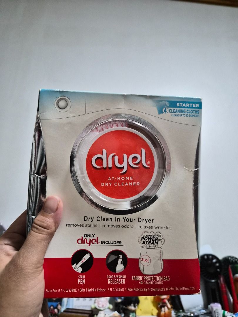 Dryel At-Home Dry-Cleaner Kit - New & Improved! (Category: Cleaning Tools & Supplies) located in Makati City. Submitted by mariajoanna.layador (Listing ID 1458992479, Image 1). Description: - Dry clean your clothes right in your dryer. - Removes stains, odors, and relaxes wrinkles. - Ready in minutes, no bag needed. - Kit includes: stain pen, odor & wrinkle releaser spray, 5 dryer-activated cleaning cloths. - Cleans 5 loads (up to 25 garments). -