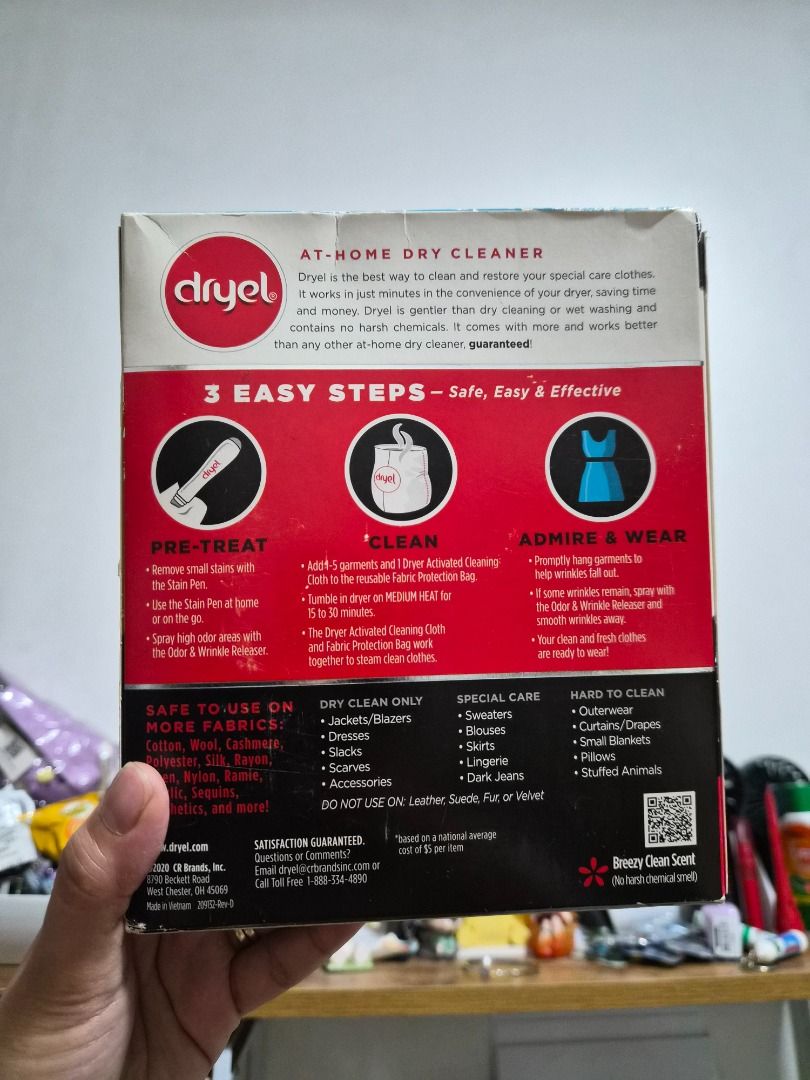 Dryel At-Home Dry-Cleaner Kit - New & Improved! (Category: Cleaning Tools & Supplies) located in Makati City. Submitted by mariajoanna.layador (Listing ID 1458992479, Image 3). Description: - Dry clean your clothes right in your dryer. - Removes stains, odors, and relaxes wrinkles. - Ready in minutes, no bag needed. - Kit includes: stain pen, odor & wrinkle releaser spray, 5 dryer-activated cleaning cloths. - Cleans 5 loads (up to 25 garments). -