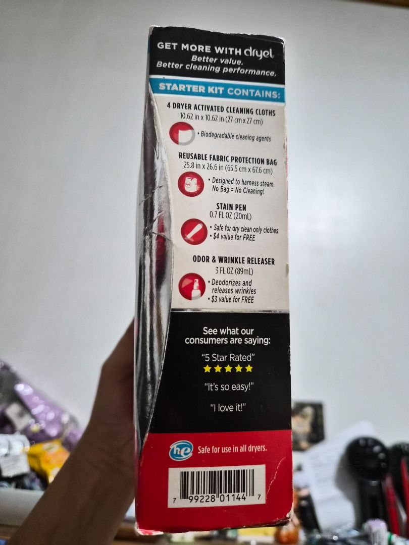 Dryel At-Home Dry-Cleaner Kit - New & Improved! (Category: Cleaning Tools & Supplies) located in Makati City. Submitted by mariajoanna.layador (Listing ID 1458992479, Image 2). Description: - Dry clean your clothes right in your dryer. - Removes stains, odors, and relaxes wrinkles. - Ready in minutes, no bag needed. - Kit includes: stain pen, odor & wrinkle releaser spray, 5 dryer-activated cleaning cloths. - Cleans 5 loads (up to 25 garments). -