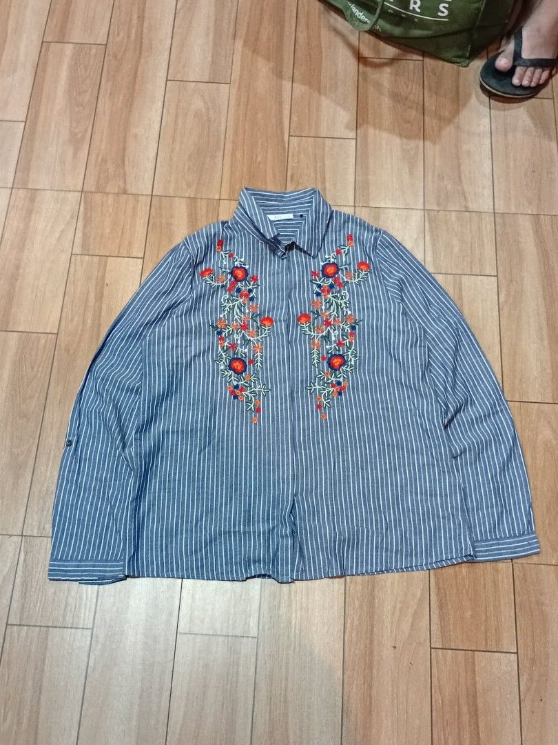 EDC by Esprit Striped Embroidered Button-Up Shirt Size S (Category: Shirts) located in Manila. Submitted by marleyjones49 (Listing ID 1458923670, Image 1). Description: - Blue and white striped button-up shirt - Features delicate floral embroidery on the front - Long sleeves - Brand: EDC by Esprit - Size: S -Width: 16 -Lenght: 25 - Ideal for casual outings and everyday wear.