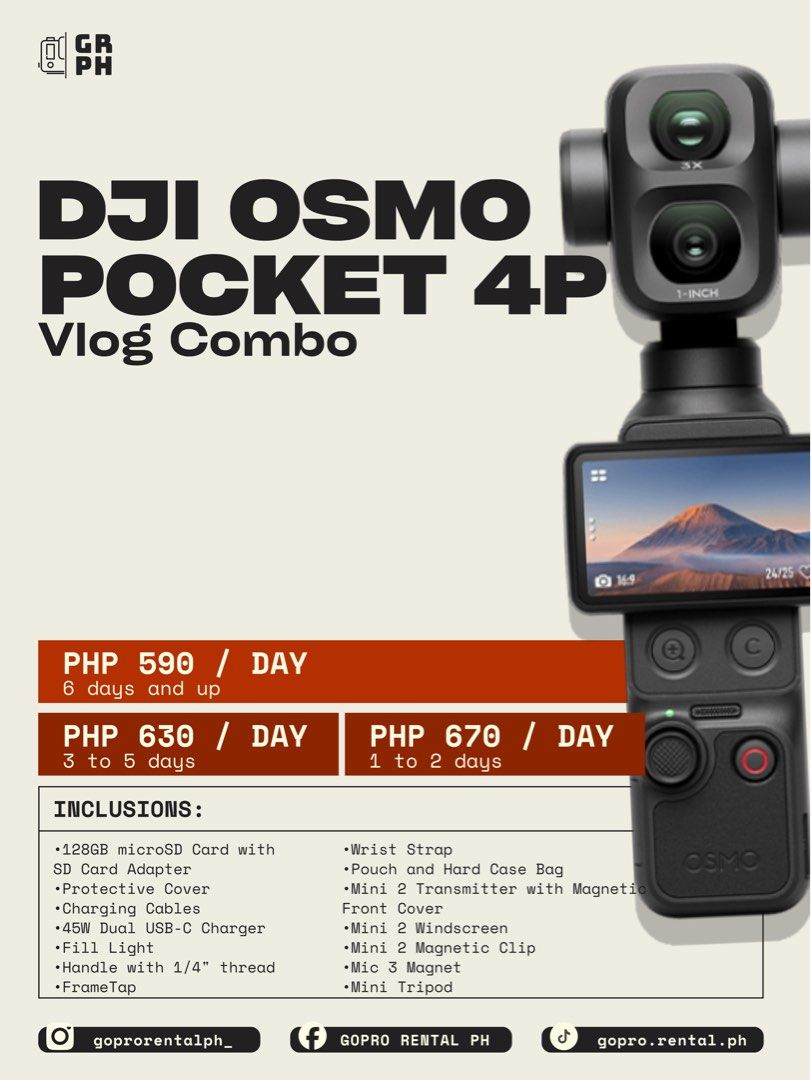 FOR RENT: DJI Osmo Pocket 4P (Vlog Combo) (Category: Cameras) located in Antipolo. Submitted by closet_theory (Listing ID 1459042063, Image 1). Description: 🎥✨ Looking for the perfect camera rental for your next adventure or project? Look no further! 📸 We offer a wide range of 𝗖𝗮𝗻𝗼𝗻, 𝗙𝘂𝗷𝗶𝗳𝗶𝗹𝗺, 𝗚𝗼𝗣𝗿𝗼, 𝗗𝗝𝗜, 𝗞𝗼𝗱𝗮𝗸, and 𝗜𝗻𝘀𝘁𝗮𝟯𝟲𝟬 𝗰𝗮𝗺𝗲𝗿𝗮𝘀 to capture every moment—whether it’s action-packed, picture-perfect, or 