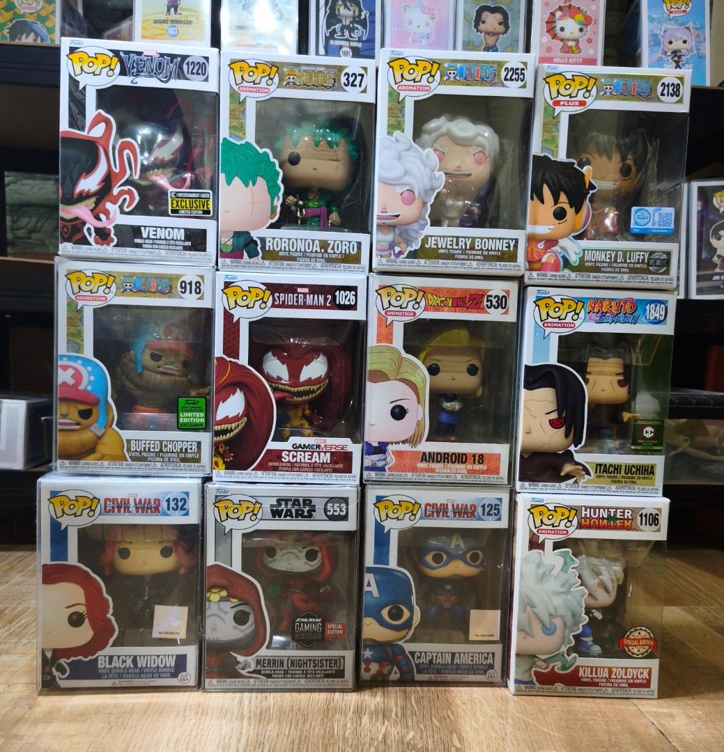Funko Pop (Category: Designer & Blind Box Toys) located in Manila. Submitted by daily.tipid (Listing ID 1459000862, Image 1). Description: Funko Pop Venom EEE - 999 Zoro - 750 Bonney - 750 Luffy egghead metallic - 999 Luffy egghead regular - 799 Buffed chopper - 1,699 Scream Spiderman - 999 android 18 - 899 Itachi Uchiha - 849 Black Widow - 1,599 Captain America - 1,099 Killua Zoldyck - 999 Merrin Night sister star wars - 1,599 LBC,jnt or lalamov