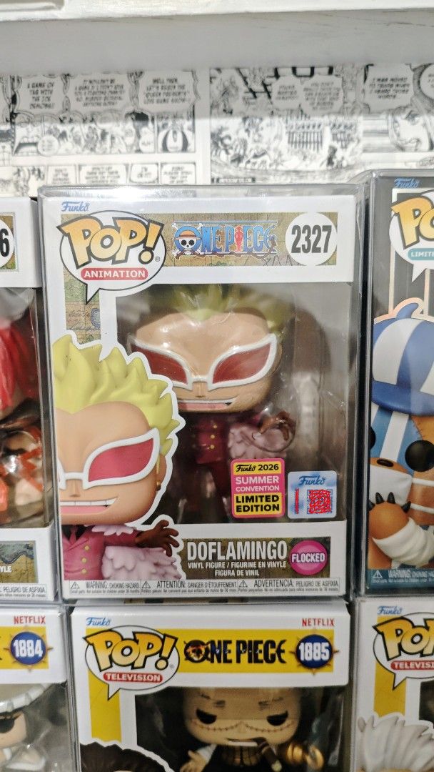 Funko Pop! One Piece - DOFLAMINGO (2327) (Category: Designer & Blind Box Toys) located in Antipolo. Submitted by vinharion (Listing ID 1459019155, Image 1). Description: Funko Pop! One Piece DOFLAMINGO (2327) - Flocked Funko 2026 Summer Convention Limited Edition Open for trading: (depende kung matripan) Prefer line is: 1. WWE, anime (One piece, Jujutsu Kaisen, Black clover, dragon ball, naruto) 2. marvel/ cartoon characters pwedeng add ka or add