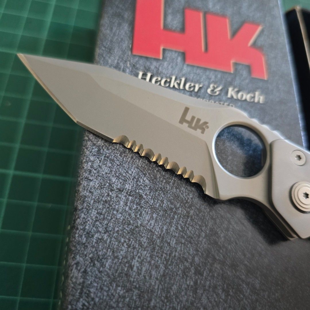 Heckler & Koch Folding Knife 14447SG (Category: Knives & Chopping Boards) located in Manila. Submitted by gram.c (Listing ID 1458942663, Image 3). Description: - Heckler & Koch folding knife - Includes original box - Partially serrated blade - Minor rust on handle, can be cleaned - Ideal for everyday carry (EDC) - Never Used.